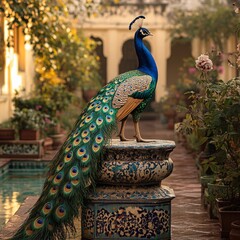 Traditional Mughal garden design with peacock, floral motifs, and Indian architecture artwork