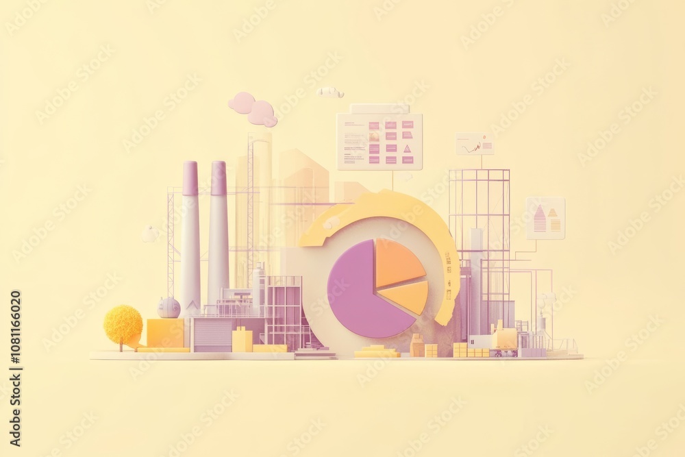 Poster factory illustration with circular saw and pie diagram emphasis on character design generative ai