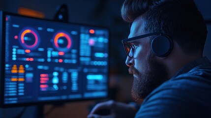 young man wearing headphones analyzes intricate data on a glowing computer screen, immersed in a quiet workspace filled with modern technology during the night