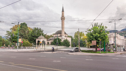 Ali Pasha Mosque timelapse hyperlapse with traffic on intersection in Sarajevo