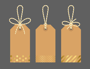 Blank Christmas New Year tag with bow and ribbons. Dots striped craft paper background, gift tied up with cotton gold rope bakers twine. Packing string for decoration, present. Isolated vector EPS10