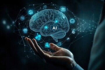 Hand holding digital brain with ai icons futuristic concept of artificial intelligence and technology integration in modern business solutions