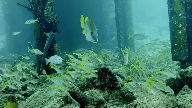 Beautiful underwater image of a school of red mullet and a yellow snapper resting peacefully between the pillars of a port in the Caribbean Sea