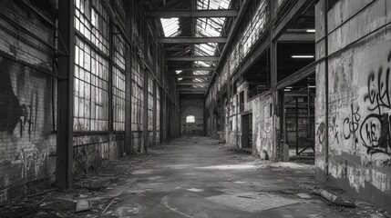 Abandoned Warehouse Interior with Cool Tones, Urban Exploration Concept Generative AI