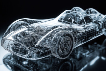 Naklejka premium Blueprinted car model with detailed and sleek design in a workshop setting surrounded by tools and measuring equipment.