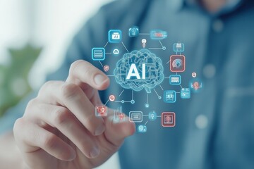 Ai technology integration concept man interacts with digital brain interface, surrounded by icons representing cloud computing, data analysis, and innovation