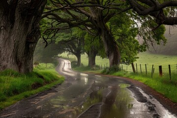 Naklejka premium Serene Country Road in Rainy Weather Perfect for Peaceful Landscape Art and Nature Prints