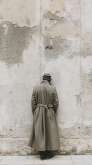 Man in Long Coat Standing Against Weathered Wall