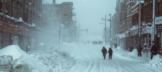 Winter Cityscape in Severe Blizzard with Snow-Covered Streets and Buildings
