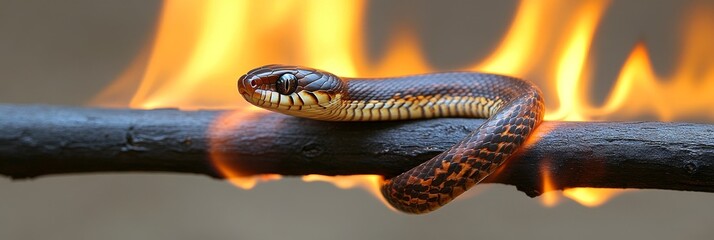 Snake on Fire A serpent navigates a burning branch, flames licking at its glistening scales.