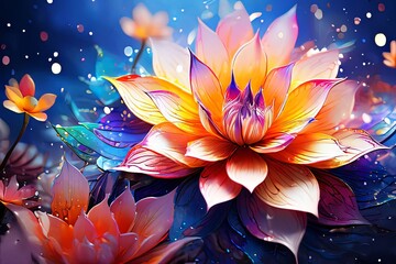 Radiant flower in surreal hues, showcasing enchanting play of light, shadow. Dew kissed petals offer dreamy, colorful escape.For creative projects needing touch of magic, wonder, greeting card, print