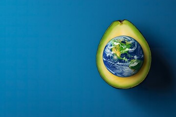 Fototapeta premium A halved avocado with a globe nestled in the seed area on a blue background