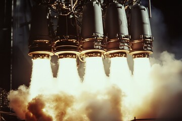 Rocket engines burst into flames, showcasing the power and energy of a launch, with smoke and fire filling the scene