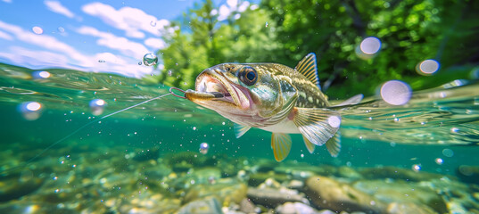 Fototapeta premium Dramatic underwater scene of a fish lunging towards a baited fishing lure near the waters surface. Bubbles and splashes capture the intense action, with a scenic lake and shoreline in the background.