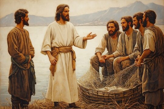 The calling of the apostles by the lake as Jesus speaks to fishermen at dawn