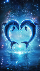 Fantasy Dolphins in Love Under Starry Night Heart Wallpaper