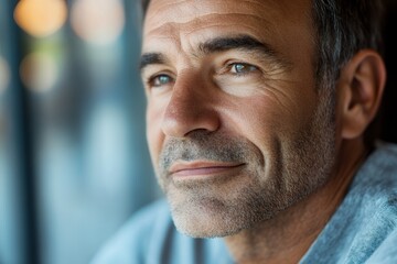 Obraz premium Close-up portrait of a thoughtful mature man with a gentle smile, captured in soft natural light