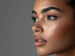 A woman with a close-up of her profile displaying the nose before and after a non-surgical nose job illustrating the refined and balanced appearance