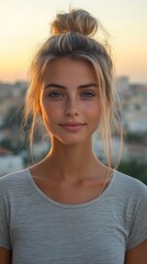 Woman with a bun wearing a gray shirt at sunset, standing outdoors with a serene expression