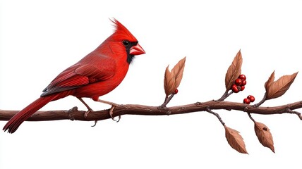 Stunning Bright Red Cardinal Bird Perched on a Branch with Leaves and Berries Against a White Background, Showcasing Nature's Beauty and Vibrant Colors
