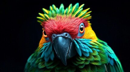Captivating Close-up of a Colorful Parrot with Vibrant Feathers and Striking Facial Features Against a Dark Background