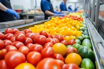 Colorful fresh produce including tomatoes and cucumbers on a conveyor belt in a food processing facility