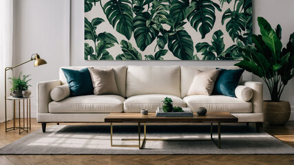 Stylish Living Room with Neutral Sofa and Bold Tropical Art