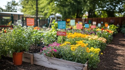 A vibrant community garden with colorful flowers and plants in raised beds, showcasing a variety of species with labeled signs.