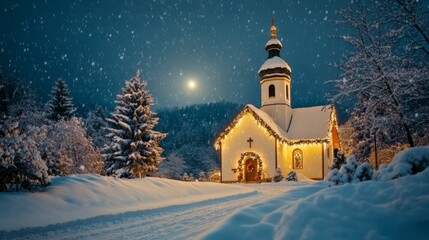 Snowy Night Scene with a Lighted Church and a Full Moon