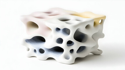 Abstract Porous Ceramic Sculpture in Pastel Colors, pink, yellow, blue, gray, white