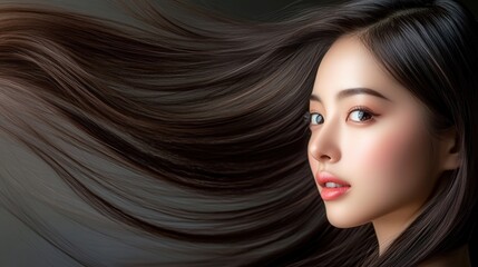 Woman with Long Black Hair Flowing Backwards