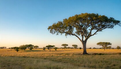 Obraz premium Vast Open Savannah Stretching to the Horizon, With Towering Acacia Trees Dotted Across the Landscape, Beneath a Clear Blue Sky and Gently Grazing Herds in the Distance