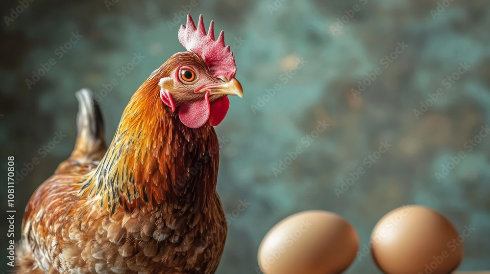 Poster close-up of chicken with fresh eggs on rustic background