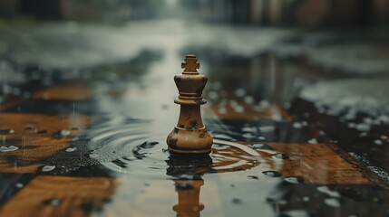 A chess king standing alone on a wet chessboard. The king is made of brown wood. The chessboard is made of black and white marble.