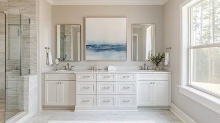 Fototapeta premium Bright bathroom with a blank canvas above the vanity