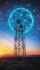 Obraz premium Telecommunication Tower Silhouette Against Vibrant Sunset, Symbolizing Global Network Connectivity.