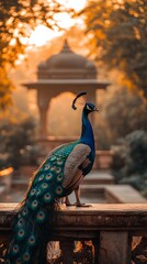 Traditional Mughal garden design with peacock, floral motifs, and Indian architecture artwork