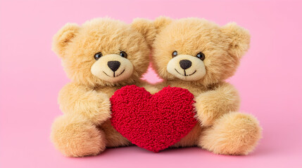 Two Teddy Bears Holding a Heart, couple, pair, love, red heart, Valentine's Day