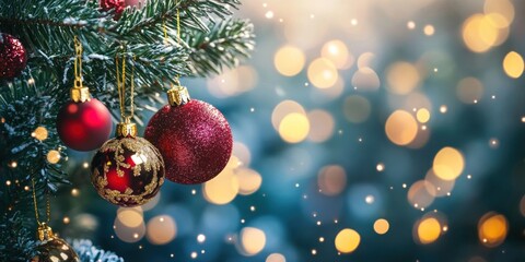 Close-up of red and gold Christmas ornaments on a snowy pine branch with a bokeh background.