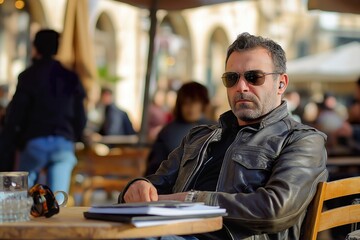Fototapeta premium A strategic meeting unfolds at an outdoor cafe with a focused individual in sunglasses amidst a lively crowd on a sunny day