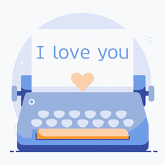 A typewriter with a piece of paper that says I love you. The typewriter is blue and has a heart on it
