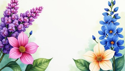 Fototapeta premium Bright watercolor Flower Arrangement with Central Blank Space Surrounded by Sunflower, Gladiolus, Peony, and Clematis - Ideal for Copy Space