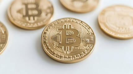 Golden Bitcoin Cryptocurrency Coins on White Background, money, finance, banking, investment, digital currency