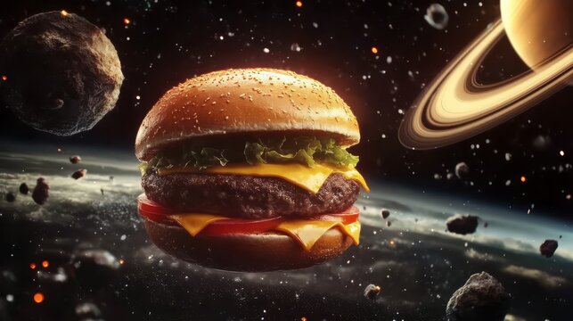 Burger in Space: A juicy burger floats amidst the celestial wonders of space, surrounded by planets, asteroids, and stars. A playful and surreal concept for food, advertising, and science fiction.  
