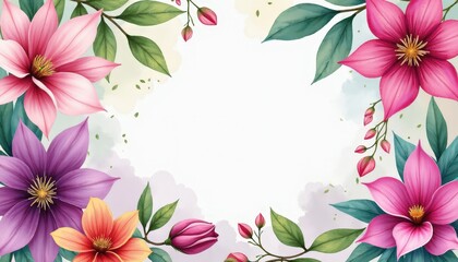 Elegant watercolor Flower Display with Central Blank Space Surrounded by Geranium, Delphinium, Wisteria, and Primrose - Perfect for Copy Space