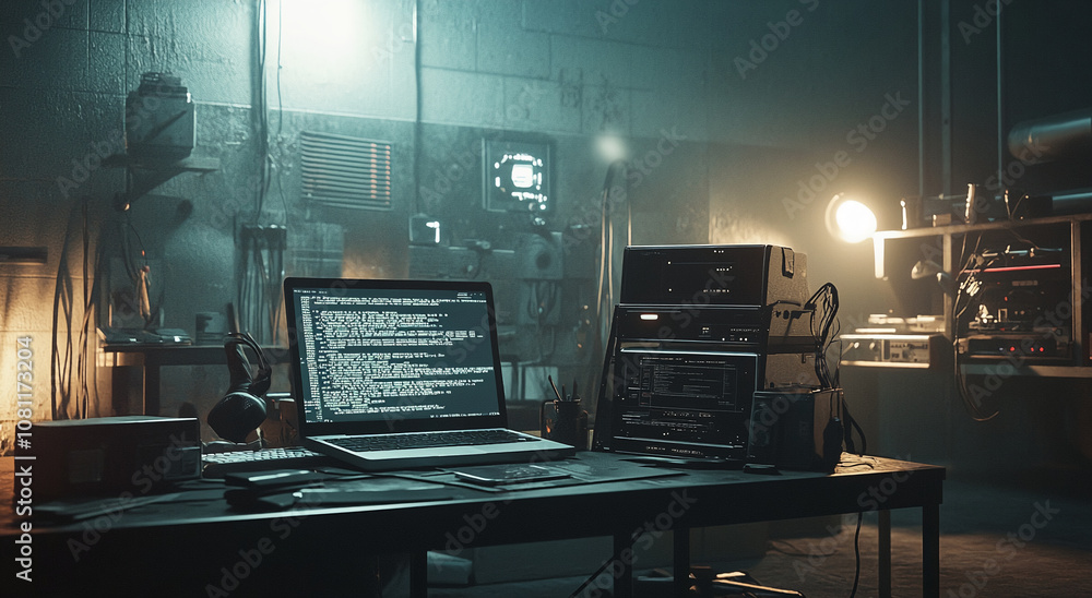 Aufkleber A dimly lit workspace with a laptop displaying code, a server rack, and various electronics. The room has a mysterious and industrial feel