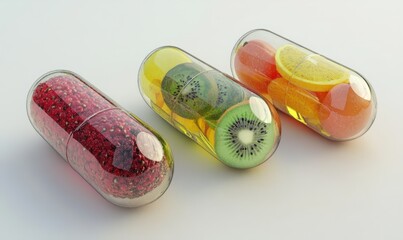 Food supplement in the form of medicinal capsules and nutritional tablets with fruit inside. Alternative medicine, vitamins, naturopathy, health, homeopathy