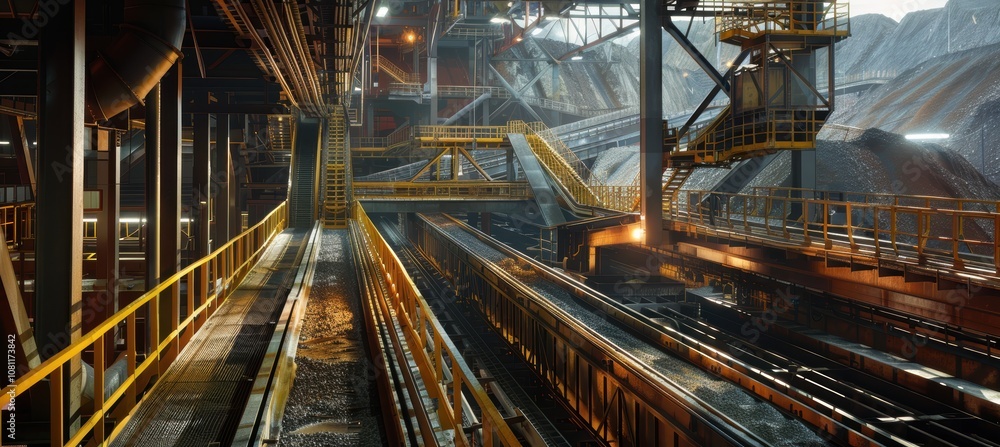 Poster high-tech automated ore sorting facility showcasing modern mining technology