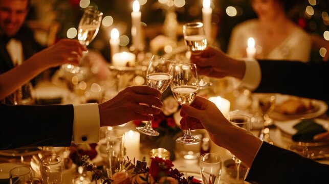Elegant New Year's Eve Dinner Party with Guests Toasting in Luxurious Setting