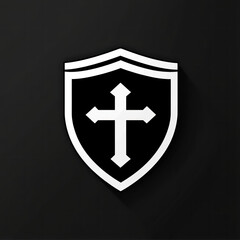 Fototapeta premium Shield with cross symbol on it, against a fiery orange background. Symbolizes protection, bravery, and faith.